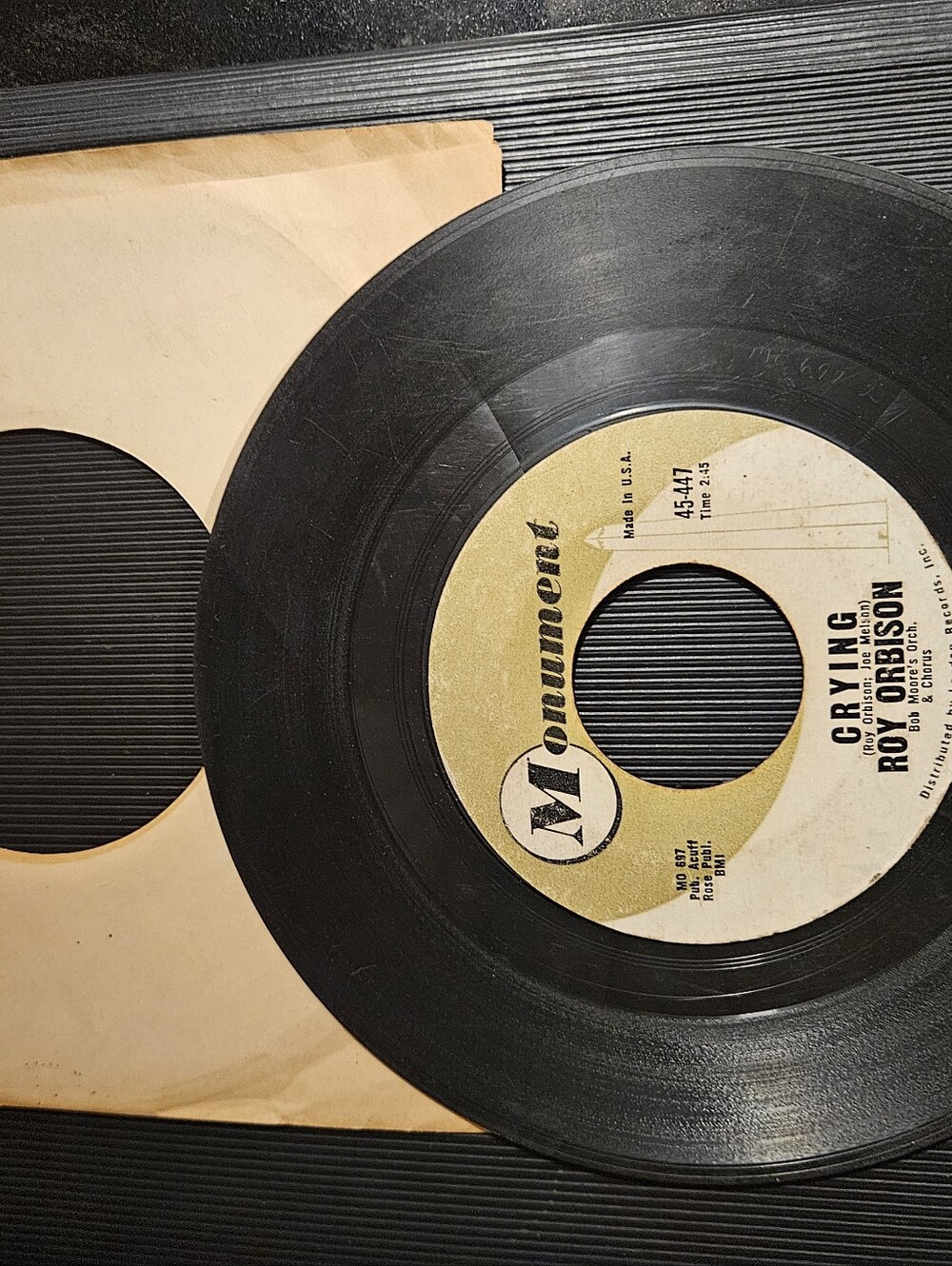 Roy Orbison - Crying / Candy Man 7" Vinyl 45 RPM Single (1961, Monument 45-447)